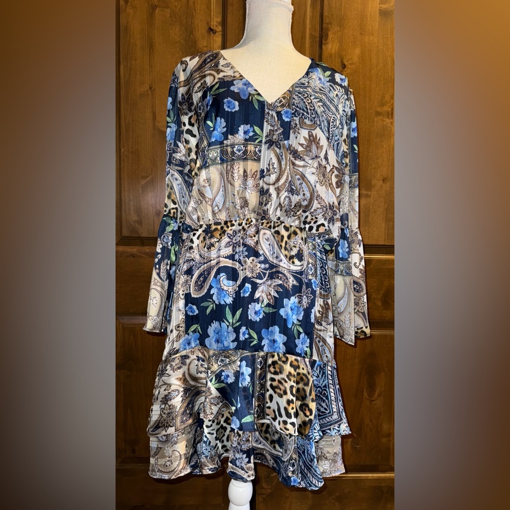Floral & Animal Wild Patchwork print Peasant Mini Dress with Subtle Shimmer